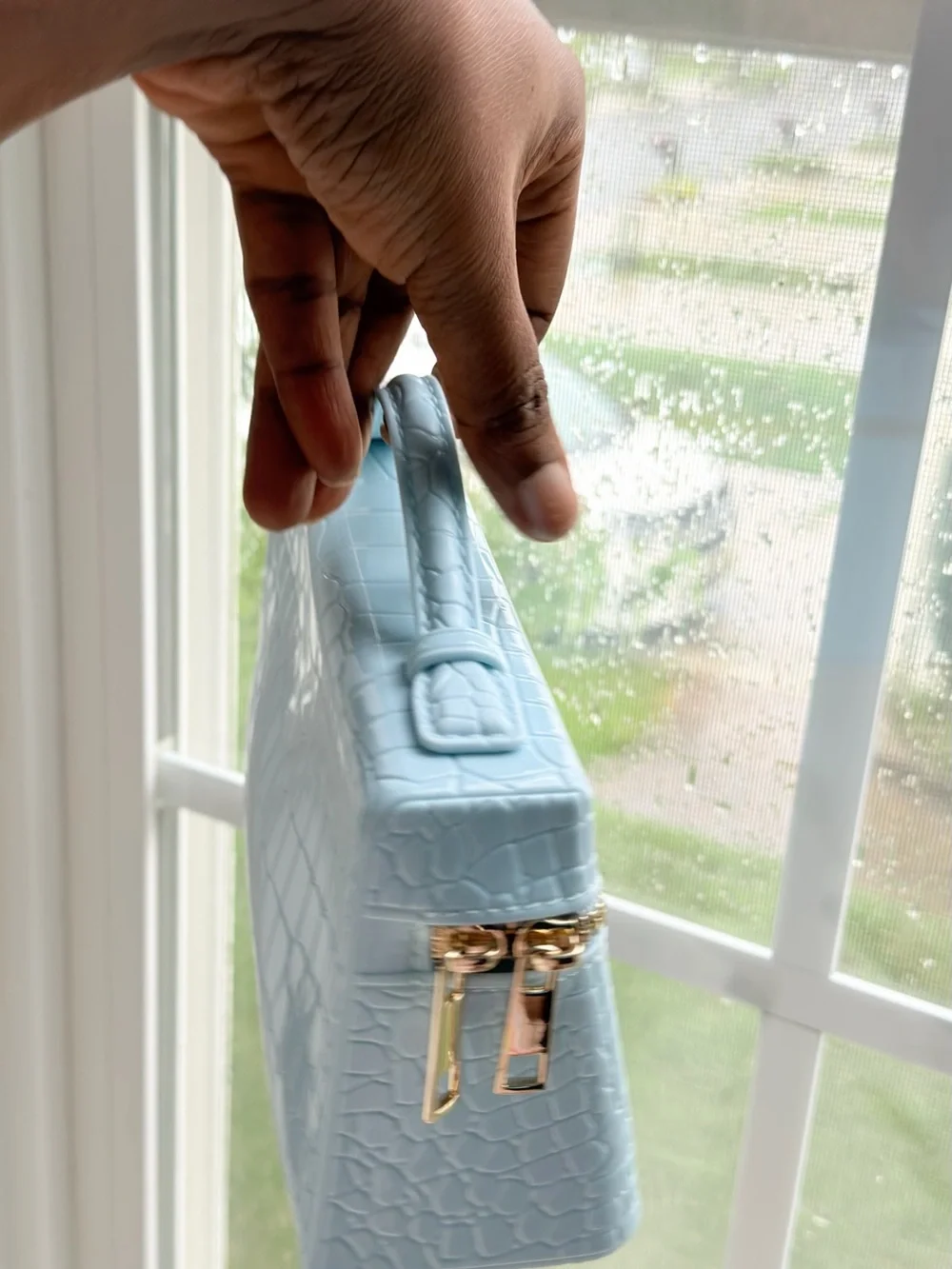 Light Blue Croc-Embossed Top-Handle Women’s Bag